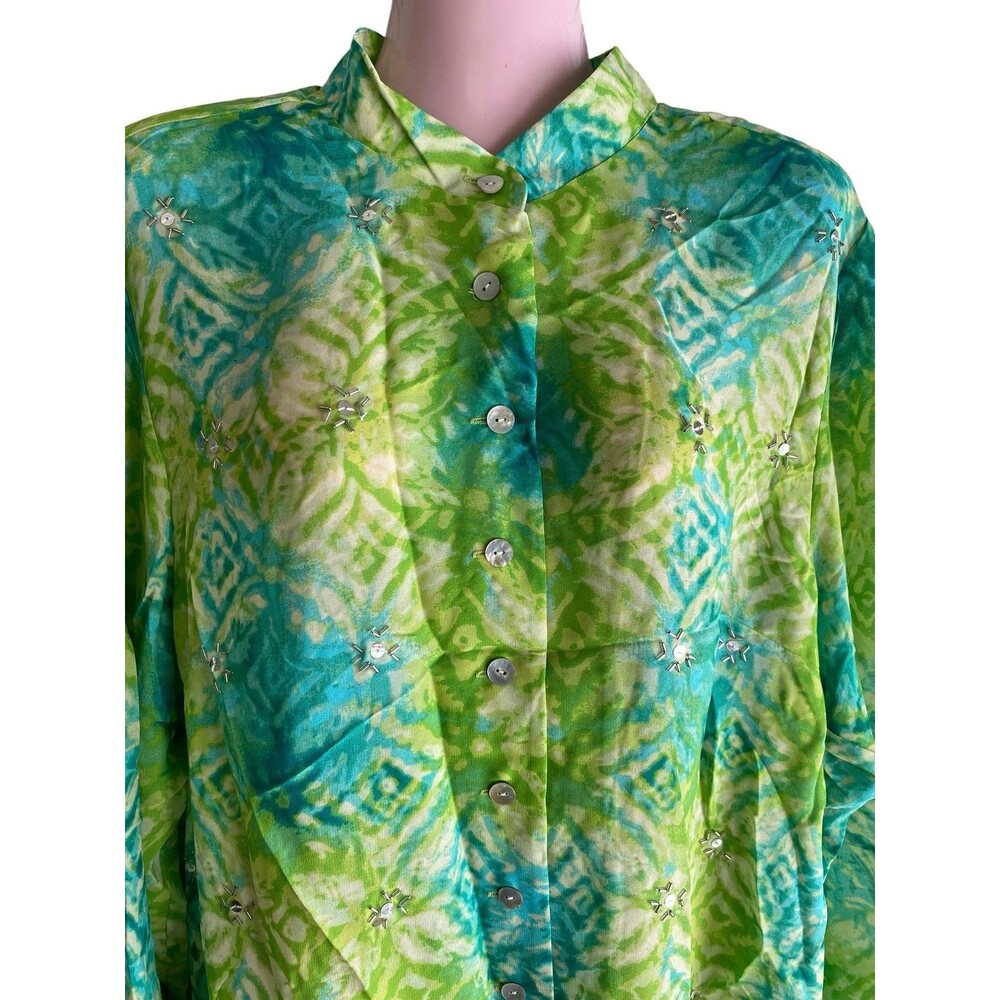 Coldwater Creek Tunic Top Womens XL Green Blue Beaded Button Up Boho Print - Picture 3 of 7
